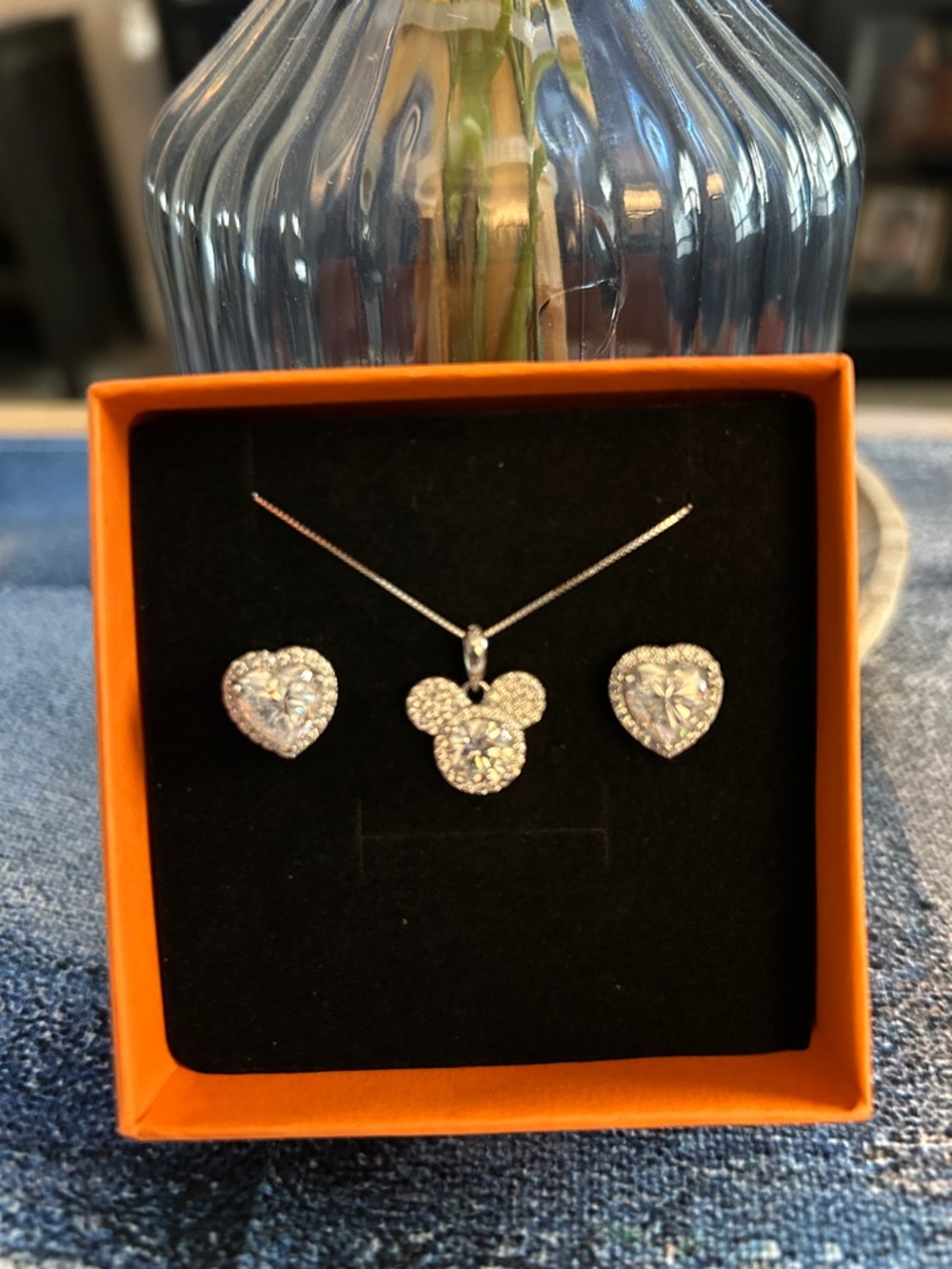 Sterling Silver MoissaniteHeart & Mickey Pendant Jewelry Set.